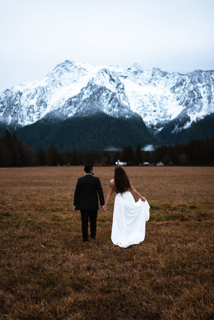 bride and groom walk through field towards snow-capped mountains